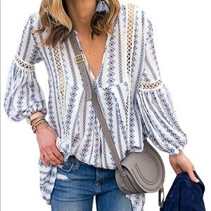 Zxzy long sleeve V neck floral print boho top